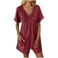 thumbnail image 1 of ABATAB Summer Rompers for Women Cotton Linen Beach Flowy Short Sleeve V Neck Onesie Lightweight Wide Leg Shorts Jumpsuits with Pockets(X-Large,Wine 1), 1 of 7