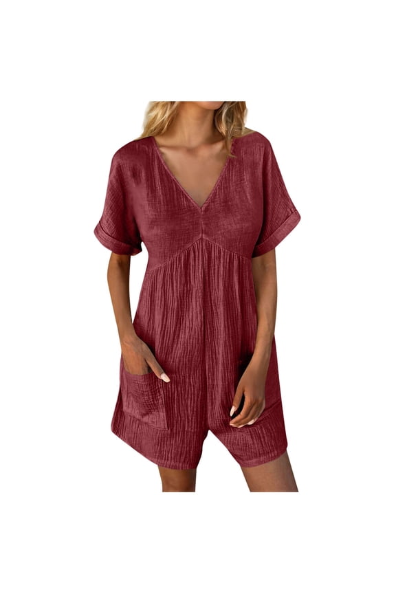 Summer Rompers for Women Cotton Linen Beach Flowy Short Sleeve V Neck Onesie Lightweight Wide Leg Shorts Jumpsuits with Pockets(X-Large,Wine 1)