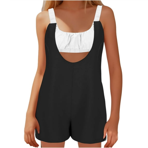 ABATAB Summer Rompers for Women Built in Bra Sleeveless Outfits Color Block Wide Leg Romper Trendy Jumpsuit