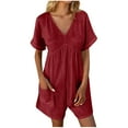 thumbnail image 1 of ABATAB Summer Rompers for Women Cotton Linen Beach Flowy Short Sleeve V Neck Onesie Lightweight Wide Leg Shorts Jumpsuits with Pockets(Large,Red 1), 1 of 7