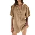 thumbnail image 1 of ABATAB Summer Rompers for Women Trendy Casual Loose Fit Short Sleeves Jumpsuits with Button Beach Vacation V Neck Short Outfits(Small,Khaki 1), 1 of 7