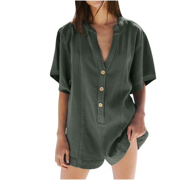 ABATAB Summer Rompers for Women Trendy Casual Loose Fit Short Sleeves Jumpsuits with Button Beach Vacation V Neck Short Outfits(XX-Large,Navy 1)