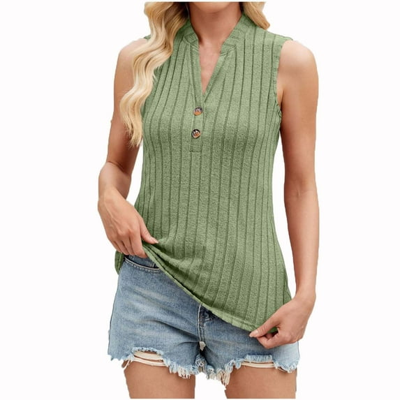 ABATAB Summer Tank Tops for Woman Sleeveless V Neck Ribbed Button Down Plain Casual Cami Blouses T-Shirt