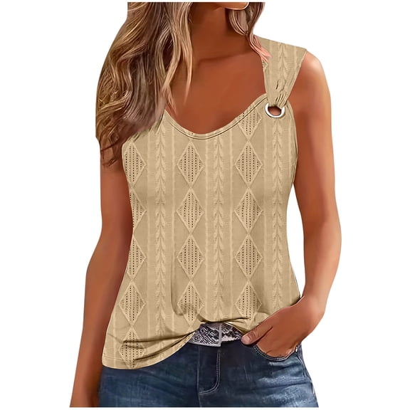 ABATAB Summer Tank Tops for Women Scoop Neck Jacquard Shoulder Sleeveless Shirts Casual Loose Fit Trendy Blouse