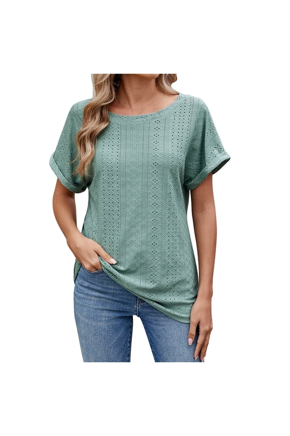 Summer Tops for Women Eyelet Short Sleeve Tunic Tee Crew Neck Dressy Summer Blouses Shirts