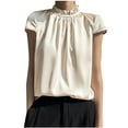 thumbnail image 1 of ABATAB Summer Tops for Women Short Sleeve Plain Ruffle Mock Neck Pleated Fashion Leisure Shirt for Casual Work, 1 of 3
