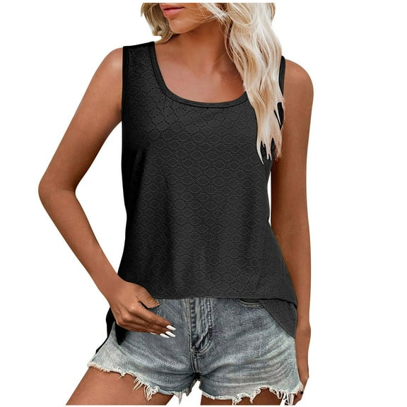 ABATAB Summer Tops for Women Sleeveless Eyelet Shirts Scoop Neck Cute Plain Summer Casual Loose Fit Tops