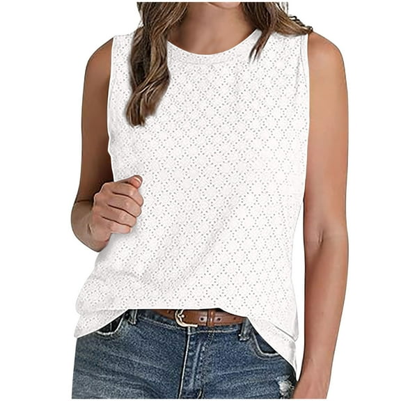 ABATAB Summer Tops for Women Sleeveless Eyelet Side Slit Shirts Scoop Neck Cute Plain Summer Casual Loose Fit Tops