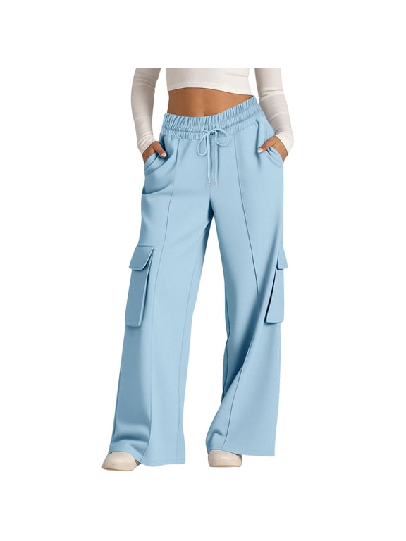 Sweatpants for Women Baggy High Waisted Wide Leg Yoga Cargo Pants Stretchy Drawstring Athletic Joggers with Pockets(XX-Large,Sky Blue)