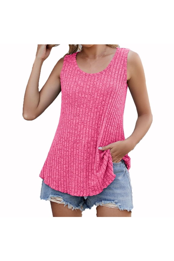 Tank Tops for Women Spring Summer Crewneck Curvy Hem Outfits Ribbed Sleeveless Plain Loose Fit Shirts