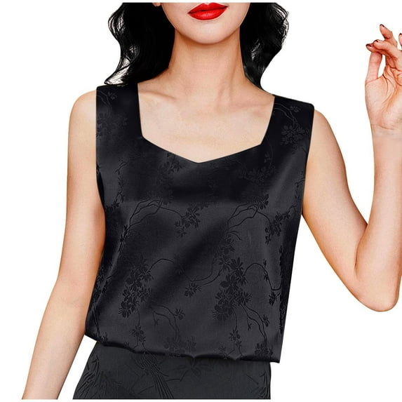 ABATAB Tank Tops for Women Jacquard Sleeveless Satin Silk Square-Neck Vest Fashion Leisure Tunics