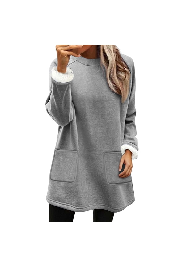 Thermal Tops for Women Casual Winter Long Sleeve Shirts Blouses Soft Fleece Lined Crew Neck Long Pullover with Pockets(Large,Gray)
