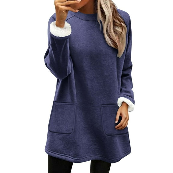 ABATAB Thermal Tops for Women Casual Winter Long Sleeve Shirts Blouses Soft Fleece Lined Crew Neck Long Pullover with Pockets(Large,Navy)