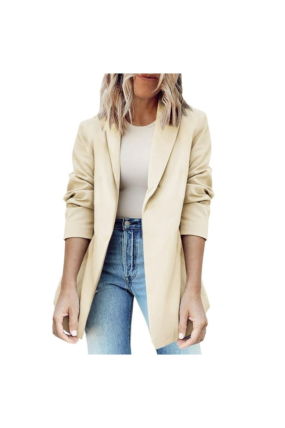 Trench Blazers for Women Classic Open Front Business Casual Long Sleeve Duster Cardigans Long Sleeve Notch Collar Suit Jackets(Large,Beige)