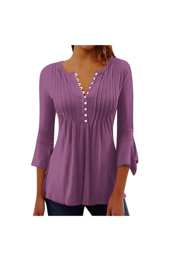 Tunic Tops for Women Fashion Front Pleated 3/4 Bell Sleeve Casual Shirts Comfy Button Vacation Dressy Pullover Ladies Outfits(XX-Large,Purple)