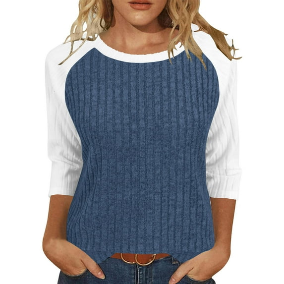 ABATAB Tunic Tops for Women Lightweight Fall Casual 3/4 Length Sleeve Shirts Trendy Color Block Ribbed Knitted Pullover Shirts(Small,Blue)