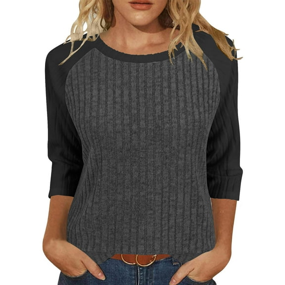 ABATAB Tunic Tops for Women Lightweight Fall Casual 3/4 Length Sleeve Shirts Trendy Color Block Ribbed Knitted Pullover Shirts(X-Large,Dark Gray)