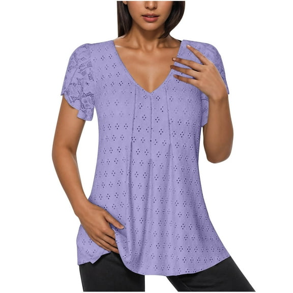 ABATAB Tunic Tops for Women Trendy V Neck Pleated Patchwork Lace Short Sleeve Eyelet Tee Shirts Casual Dressy Solid Color Blouses