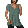 thumbnail image 1 of ABATAB Tunic Tops for Women Trendy V Neck Pleated Patchwork Lace Short Sleeve Eyelet Tee Shirts Casual Dressy Solid Color Blouses, 1 of 7