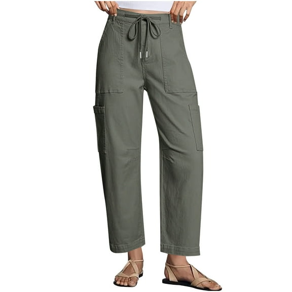 ABATAB Twill Chion Pants for Women Casual High Waisted Straight Leg Drawstring Trousers Streetwear Cargo Pants with Pockets