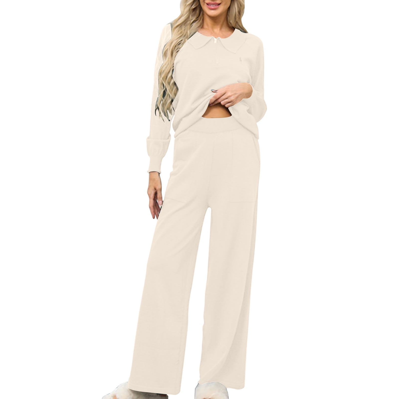 ABATAB Two Piece Knitted Sets for Women Collared V Neck Pullover Tops ...
