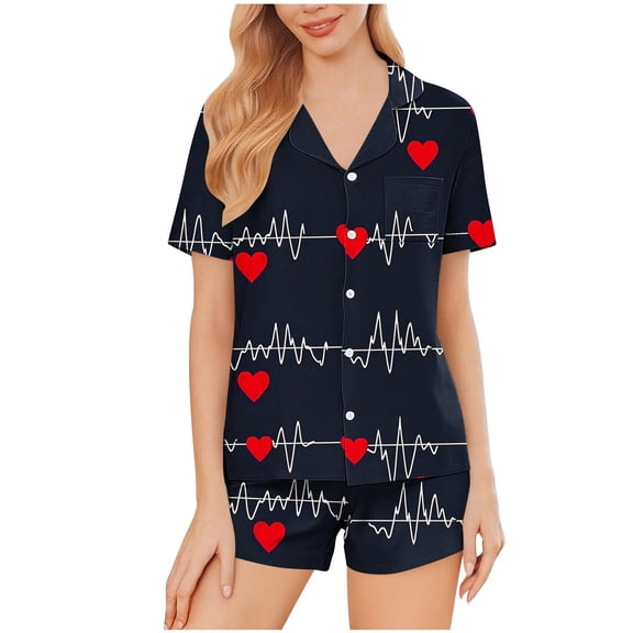 ABATAB Valentine's Day Lounge Sets for Women Short Sleeve Shorts Pants Button down Love Heart Print Pajama Sleepwear Outfits