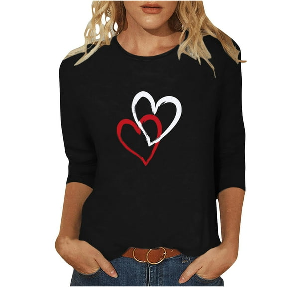 ABATAB Valentine's Day Shirts for Women Plus Size Fall Long Sleeve Printed Pullover Tops Trendy Heart Graphic Tunic Blouses(3X-Large,Black)