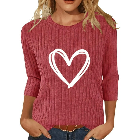 ABATAB Valentine's Day Sweater for Women Crewneck 3/4 Sleeve Cute Print Ribbed Knit Pullover Tops Casual Fall Outfits