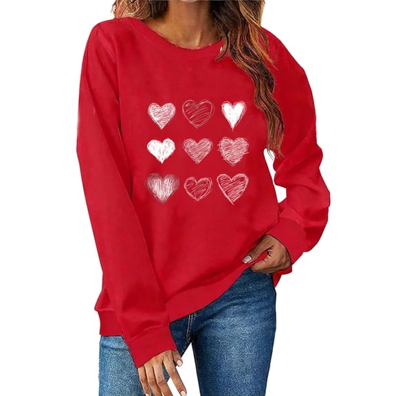 ABATAB Valentines Sweatshirts for Women Cute Love Heart Print Pullover Tops Valentine Gift Long Sleeve Crewneck Shirts Outfits