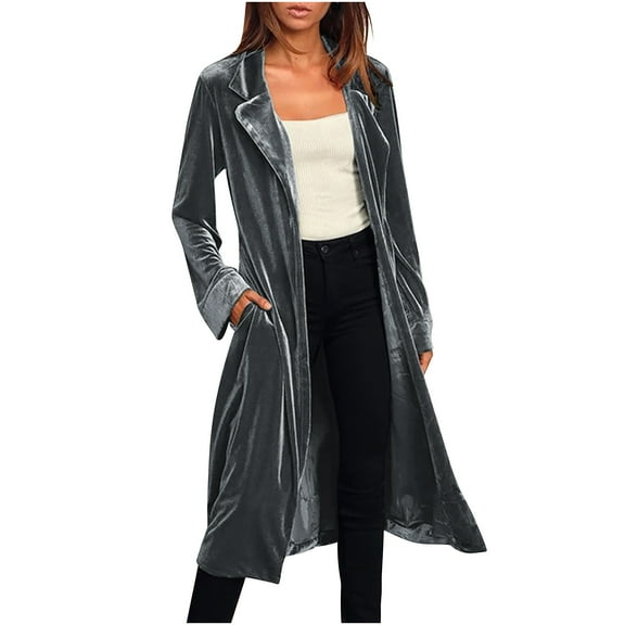 ABATAB Velvet Cardigan Sets for Women Soft Comfy Open Front Fashion Kimono Dusters with Belt Warm Long Sleeve Notch Collar Outerwear(Small,Gray)