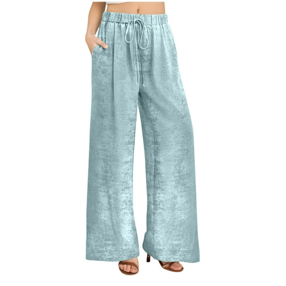 ABATAB Velvet Pants for Women Dressy Casual Wide Leg Pants Stretchy Drawstring Elastic Waisted Velour Palazzo Pants