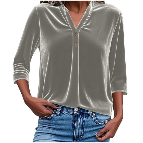 ABATAB Velvet Pullover Tops for Women Long Sleeve Warm Shirts with Button Loose Fit Fall Winter Thermal Casual Work Dressy Blouses(X-Large,Gray)