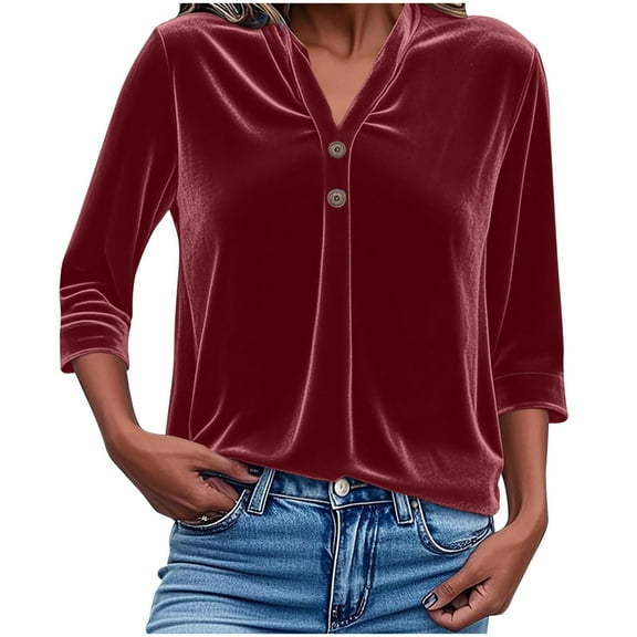 ABATAB Velvet Pullover Tops for Women Long Sleeve Warm Shirts with Button Loose Fit Fall Winter Thermal Casual Work Dressy Blouses(X-Large,Wine)