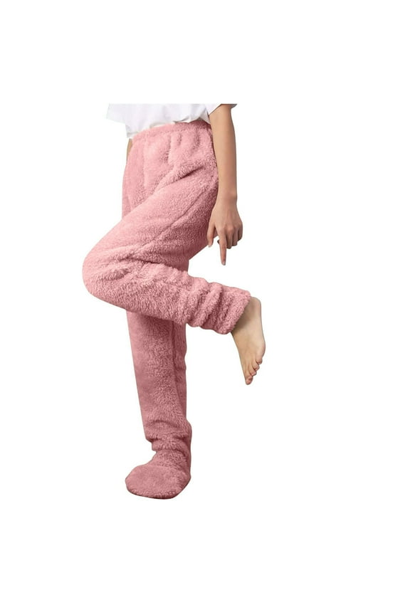 Warm Winter Pajama Pants for Women Footed Fleece Sherpa Loungewear Comfy Soft Thermal Pj Bottom with Pockers
