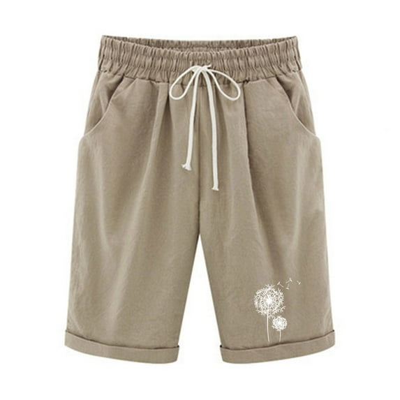 ABATAB Wide Leg Bermuda Shorts for Women Elastic Waist Casual Shorts Cotton Linen Knee Length Shorts with Pockets