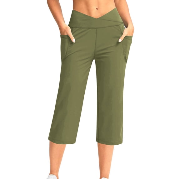 ABATAB Wide Leg Capri Pants for Women High Waisted Casual Work Capris Crossover Office Fashion Yoga Cropped Trousers with Pockets