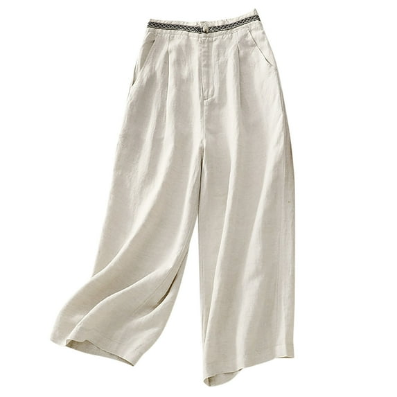 ABATAB Wide Leg Capri Pants for Women Pure Color Casual Palazzo Cropped Trousers Cotton Linen Baggy Capri Pants with Pockets