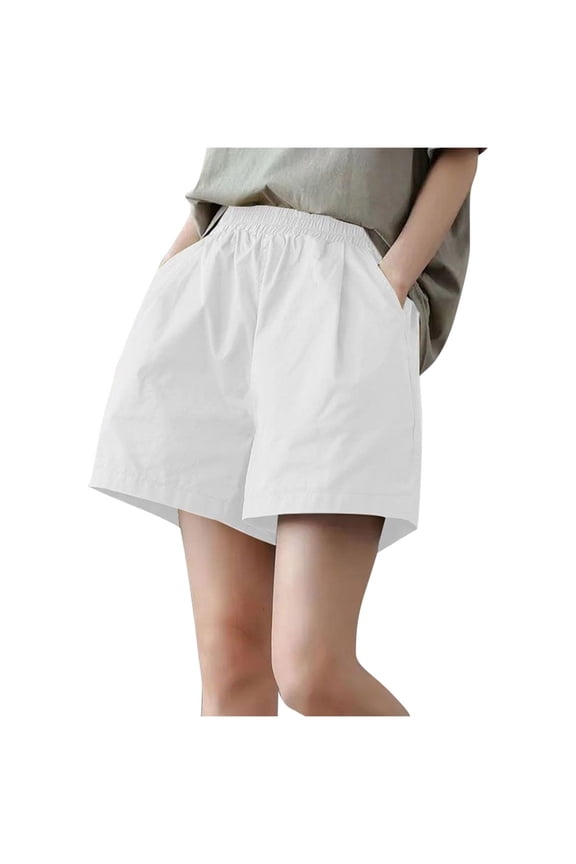 Wide Leg Casual Shorts for Women Comfy Summer Beach Vacation Shorts Loose Fit Elastic Waist Workout Lounge Shorts with Pockets(Medium,White)