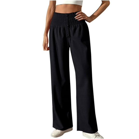 ABATAB Wide Leg Pants Women Smocked Baggy Elastic Waist Pants 3 Button-Up Beach Vacation Trousers with Pockets