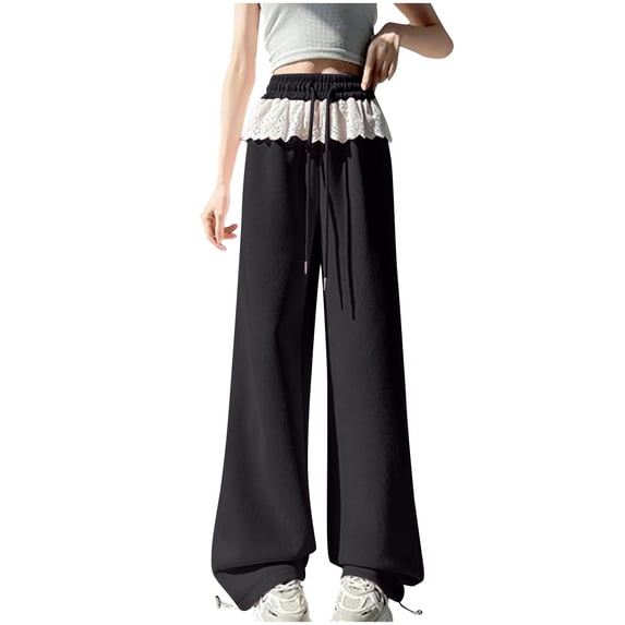 ABATAB Wide Leg Pants for Women Lace Elastic Waisted Casual Palazzo Pant with Pockets Lounge Beach Vacation Bottoms
