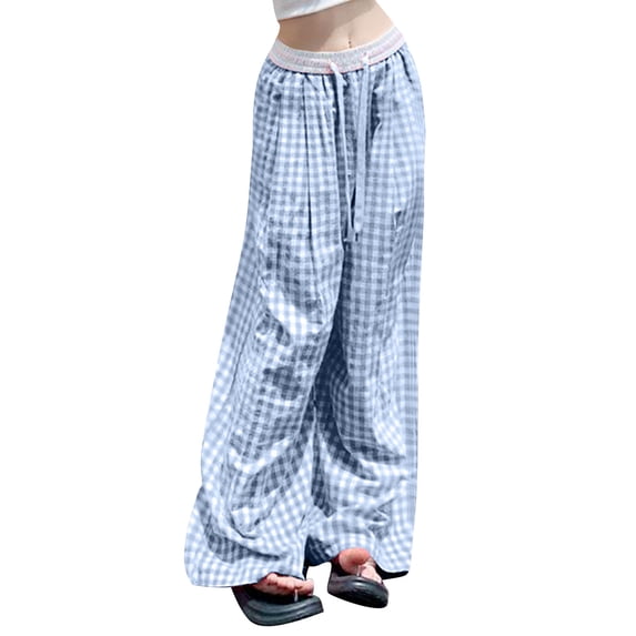 ABATAB Wide Leg Pants for Women Trendy Plaid Trousers Elastic Waist Loose Palazzo Pants Summer Lounge Beach Clothes