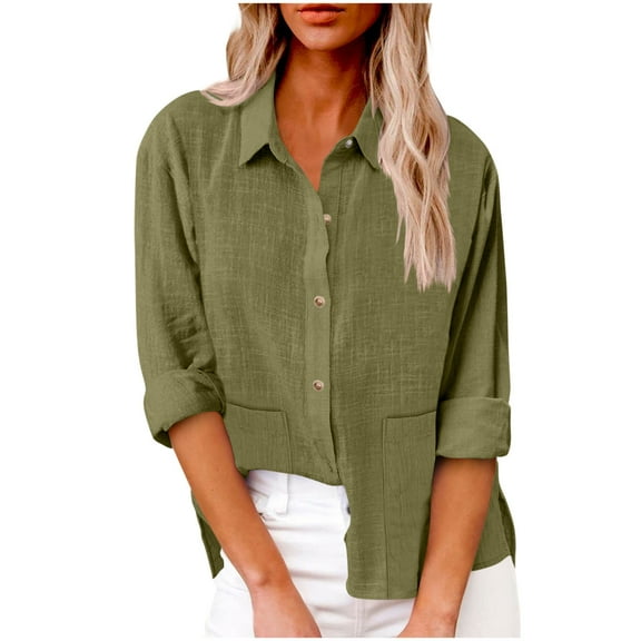 ABATAB Women Button down Shirts Lightweight Cotton Linen Tops Baggy Long Sleeve Collared Casual Work Dressy Blouses with Pockets(Medium,Green)