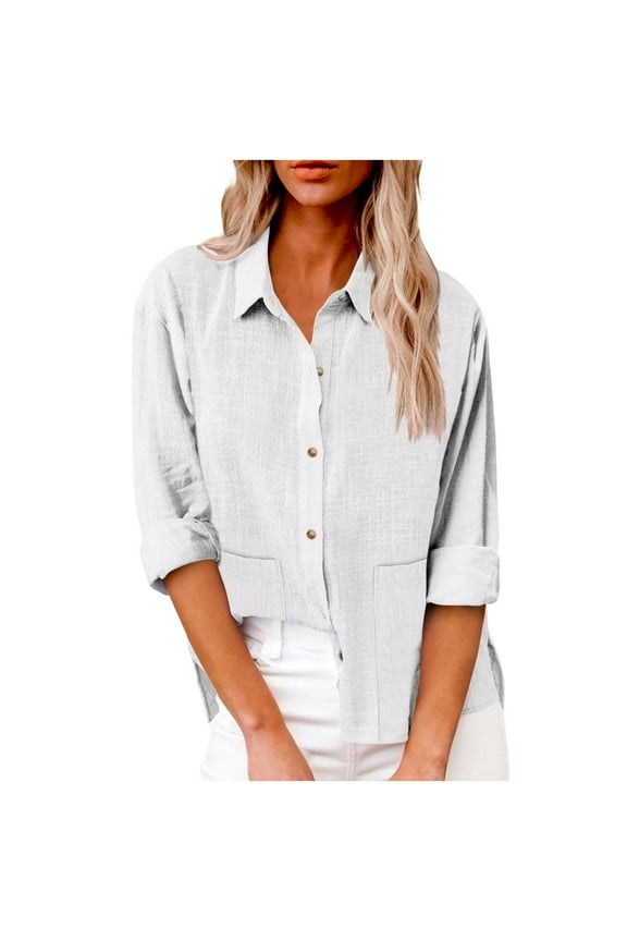 Women Button down Shirts Lightweight Cotton Linen Tops Baggy Long Sleeve Collared Casual Work Dressy Blouses with Pockets(XX-Large,White)