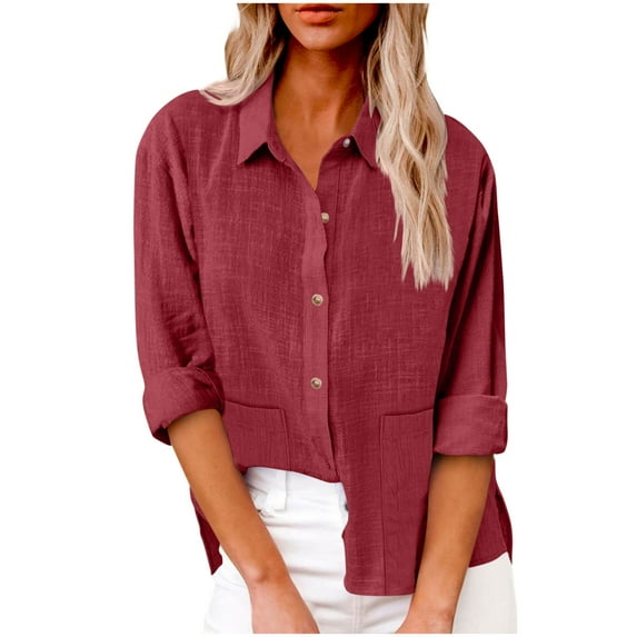 ABATAB Women Button down Shirts Lightweight Cotton Linen Tops Baggy Long Sleeve Collared Casual Work Dressy Blouses with Pockets(XX-Large,Wine)