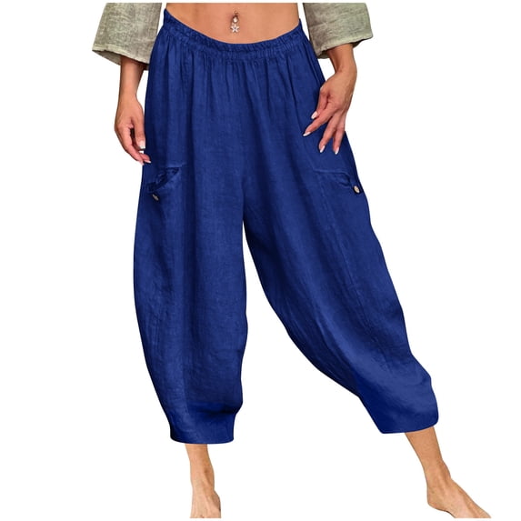 ABATAB Women Capri Pants Summer Casual Low Waisted Crop Trousers Baggy Beach Vacation Lantern Harem Capris