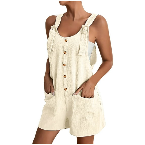 ABATAB Women Casual Button Dressy Jumpsuits Soft Summer Beach Wide Strap Rompers with Pockets Sleeveless Short Overalls Outfits(Medium,Beige)