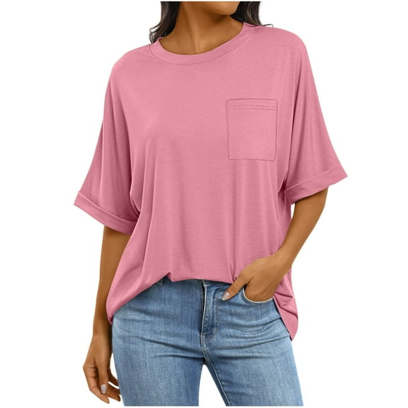 ABATAB Women Casual Half Sleeve Shirts for Summer Fall Soft Crew Neck Solid Color Tops with Pockets Roll up Sleeve Casual Work T-Shirts(Large,Pink)