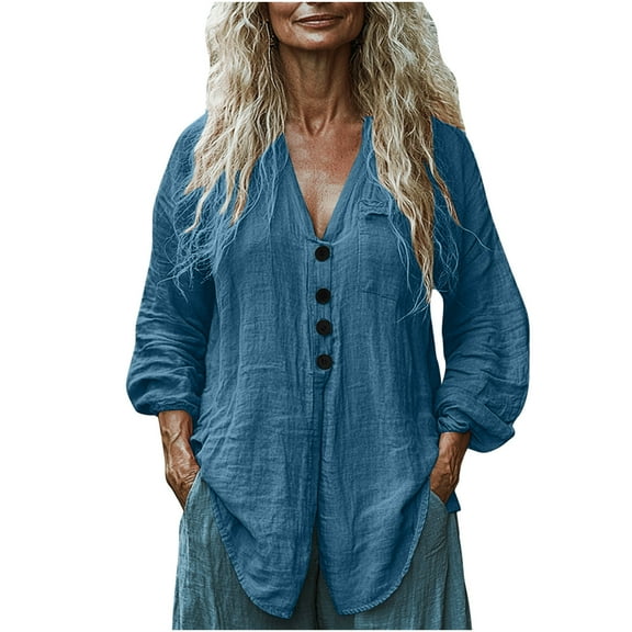 ABATAB Women Casual Long Sleeve Cotton Linen Shirts with Pockets Lightweight Summer Beach Vacation Tops Fall V-Neck Button down Blouses(XX-Large,Dark Blue)