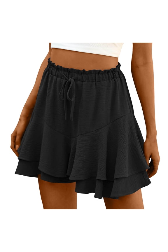 Women Casual Summer Shorts Ruffle Tiered Flowy Fashion Skorts Boho High Waist Drawstring Beach Vacation Shorts