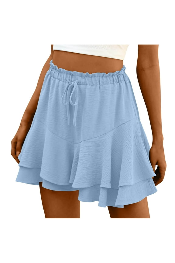 Women Casual Summer Shorts Ruffle Tiered Flowy Fashion Skorts Boho High Waist Drawstring Beach Vacation Shorts